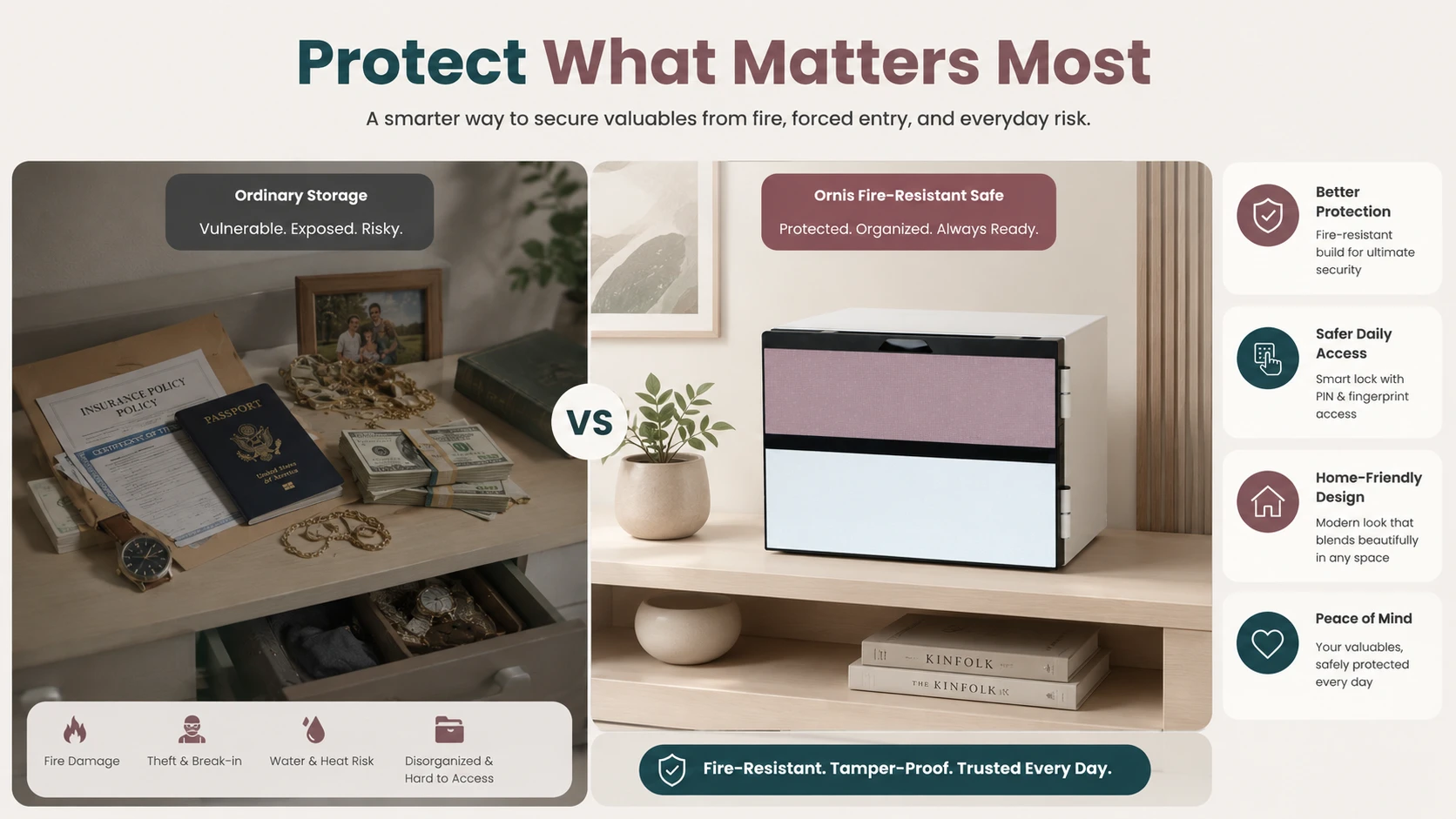 Comparison between ordinary storage with exposed valuables and an Ornis fire-resistant safe offering better protection, safer daily access, home-friendly design, and peace of mind.